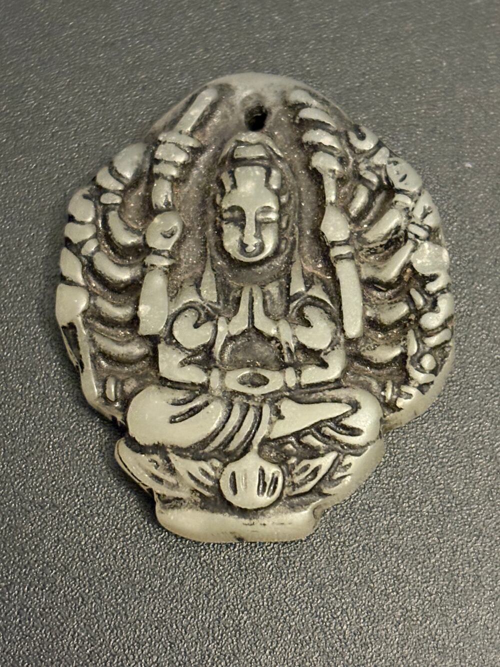 Vintage Carved Green Stone Guanyin Pendant Jade Look Spiritual
